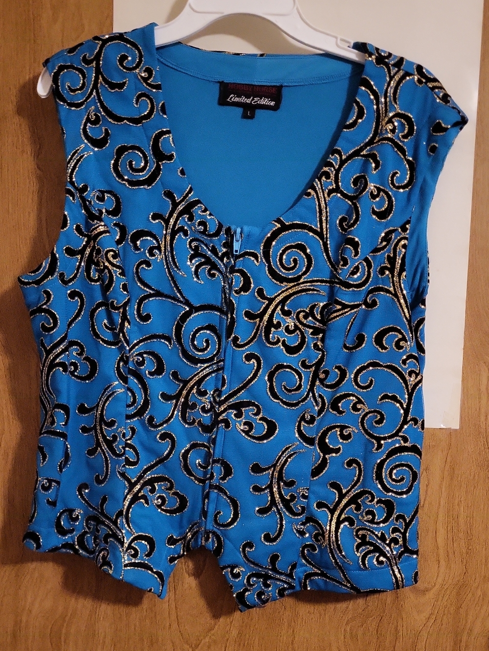 Hobby Horse TURQUOISE Blue Sleeveless Zip-Front Top with Black & Gold Swirl